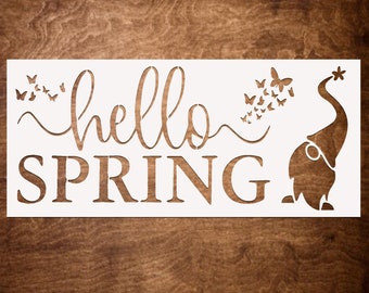 HELLO SPRING Stencil, Stencils for Painting Wood Signs, Canvas & More, Gnome Stencil