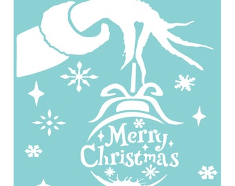 Grinch Ornament Adhesive Stencil, Reusable Merry Christmas Grinch Silk Screen Transfer Stencils for Wood Signs, Canvas and More