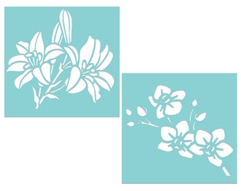 Set of 2 Flower Silk Screen Stencils, Orchid and Lily Stencil, Reusable Adhesive Mesh Transfer for Wood Signs, Canvas & More