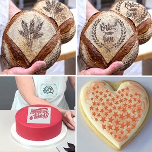 May include: Four different examples of how to use stencils for baking. The first two images show a loaf of bread with a wheat design and a loaf of bread with the text "Baked with love". The third image shows a red cake with the text "Happy Birthday". The fourth image shows a heart-shaped cookie with a white background and orange stars.