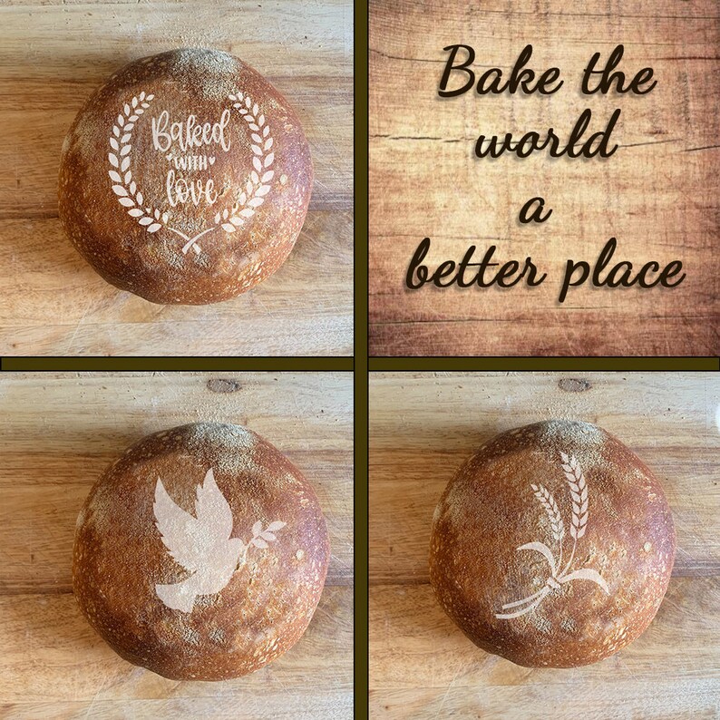 May include: Four round loaves of bread with different designs on top. The designs are "Baked with love" in a wreath, a dove with an olive branch, wheat stalks, and a blank loaf. The loaves are on a wooden surface. The text "Bake the world a better place" is on a wooden background.