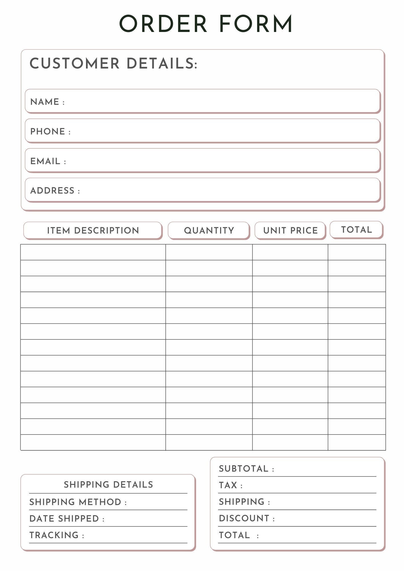 Small Business Order Form Printable Digital Download Etsy