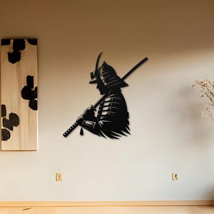 Japanese Metal Wall Art Stoic Samurai Warrior with Katana Profile Metal Sign