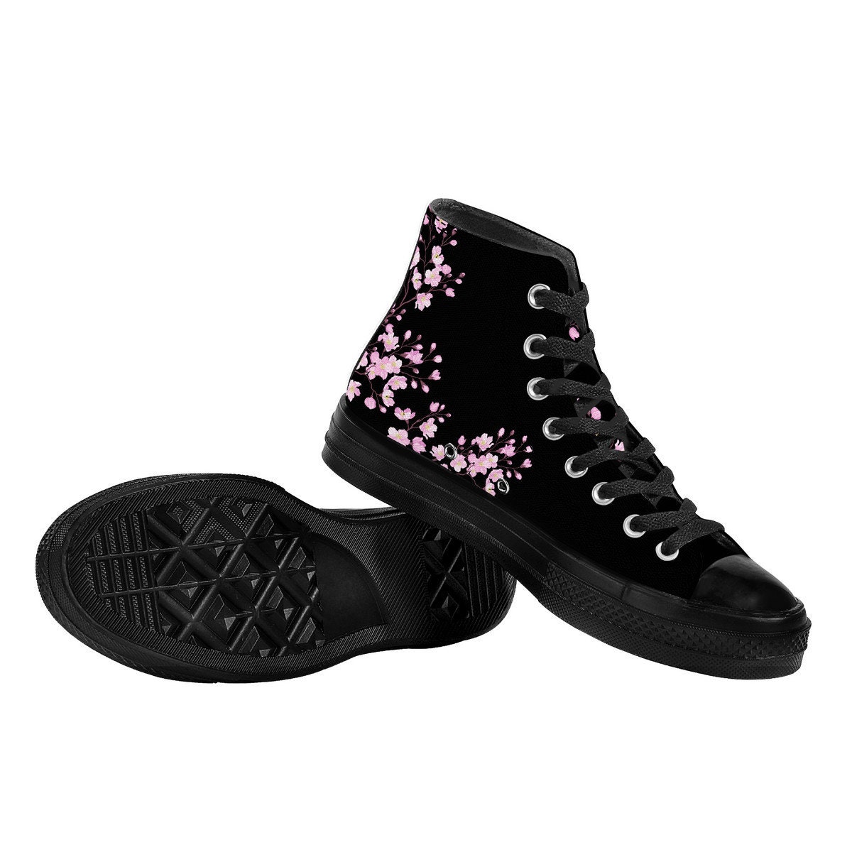 Black Unisex Cherry Blossom Converse Style High Tops