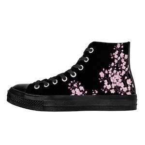 Black Unisex Cherry Blossom Converse style high tops, Original Sakura shoes for him, Women High top sneakers, Kawaii shoe, teenage girl gift