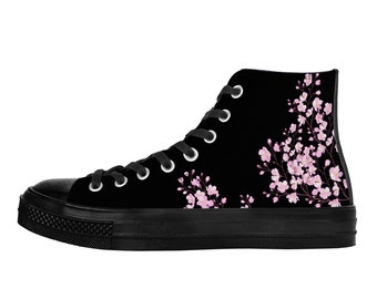 Black Unisex Cherry Blossom Converse style high tops, Original Sakura shoes for him, Women High top sneakers, Kawaii shoe, teenage girl gift