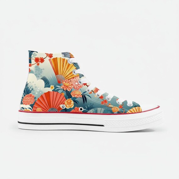 Converse Style Japanese Landscape Fan Floral High-top  display picture 1