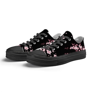 All Black Unisex Cherry Blossom Converse style Low top, Original Sakura shoe for him, Women Low top sneakers, Kawaii shoe, teenage girl gift