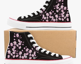 Black Cherry Blossom Converse-style High Top Sneakers: Black