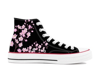 Black Unisex Cherry Blossom Converse style high tops, Original Sakura shoes for him, Women High top sneaker, Kawaii shoes, teenage girl gift