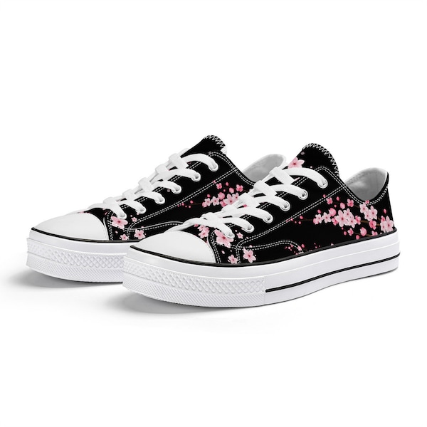 Black Unisex Cherry Blossom Converse style Low tops, Original Sakura shoes for him, Women Low top sneakers, Kawaii shoes, teenage girl gift