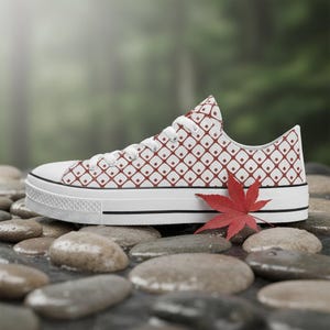 Shibori Red Low Top Sneakers | Japanese Resist Dye Pattern Shoes | Artisan Crimson Canvas Trainers | Kyoto Style | Executive Nomad Travel