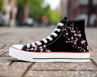 2024 Black Cherry Blossom Converse style high tops, Original Sakura shoes for him, Women High top sneakers, Kawaii shoes, teenage girl gift