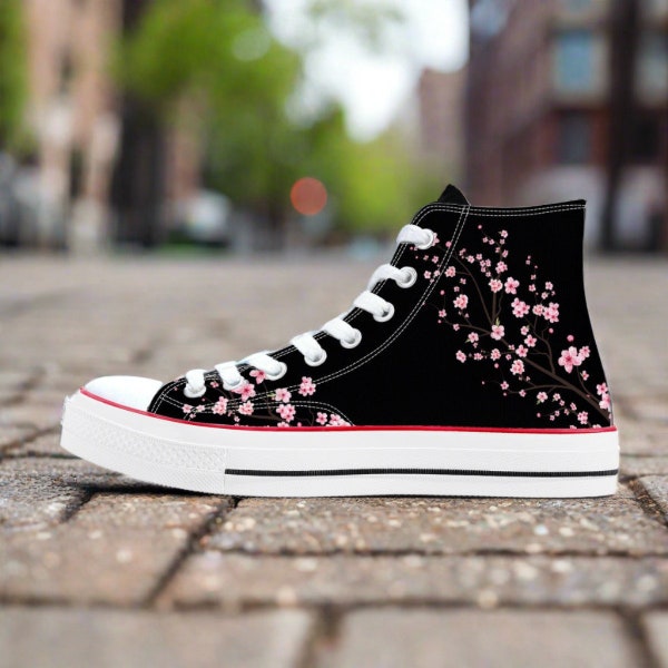2024 Black Cherry Blossom Converse style high tops, Original Sakura shoes for him, Women High top sneakers, Kawaii shoes, teenage girl gift