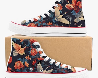 Eternal Crane & Floral High Tops - Japanese Heritage Art - Kimono Series