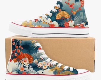 Converse Style Japanese Landscape Fan Floral High-Top Sneakers