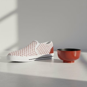 Shibori Red Slip On Sneakers | Traditional Japanese Pattern Shoes | Artisan Crimson Loafers | Kyoto Style Footwear | Executive Nomad Travel