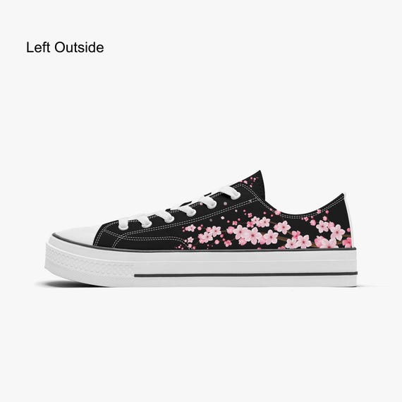 Converse Style Black Cherry Blossom Canvas Low Top Sneakers  display picture 1