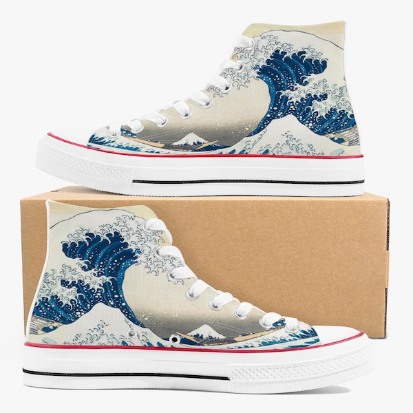 Converse-Style The Great Wave High-top Sneakers | Hokusai Japanese Art