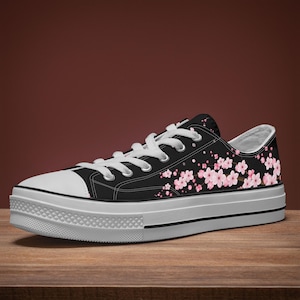 Converse Style Black Cherry Blossom Canvas Low top Sneakers: Sakura Shoes