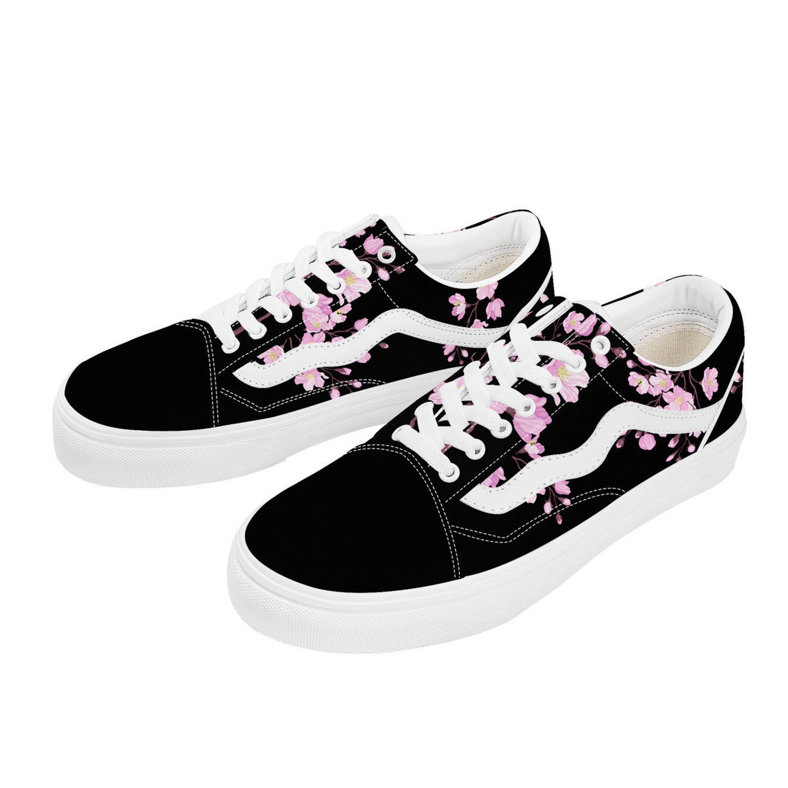 Black Pink Sakura Flat Sneakers Japanese Cherry Blossom Skate Shoes — free download
