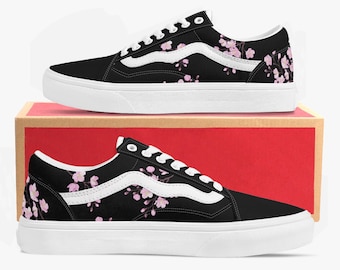 Black Pink Sakura Flat Sneakers | Japanese Cherry Blossom Skate Shoes | Floral Streetwear Vans Style Slip-On Trainers