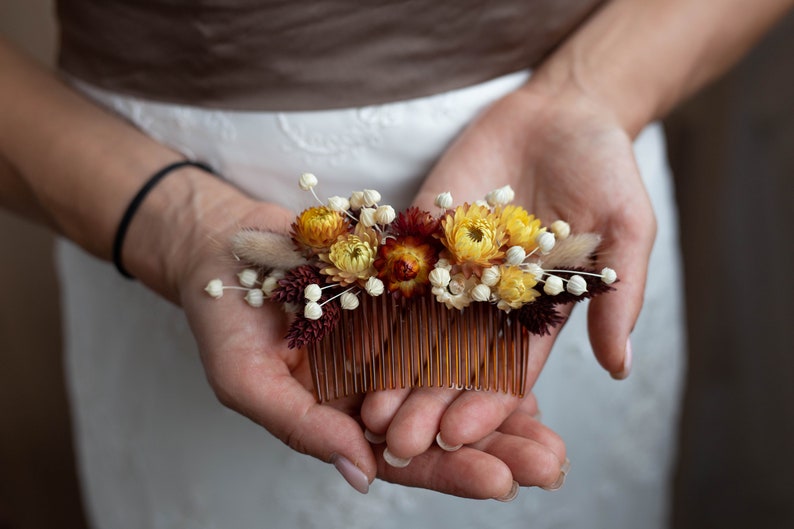 Dried flowers Wedding hair accessory Greenery Boho hair pin Bridal hair piece yellow green Rustic flower hair piece Fall Autumn Head piece image 9