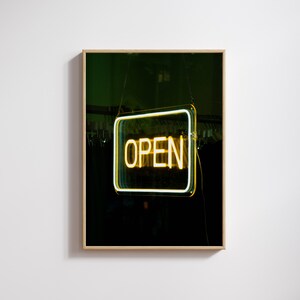 Neon Yellow Open Sign. Digital photography art print for the wall.