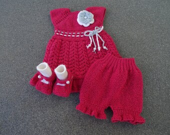 Party dress with matching shorty in red wool 1 to 3 months