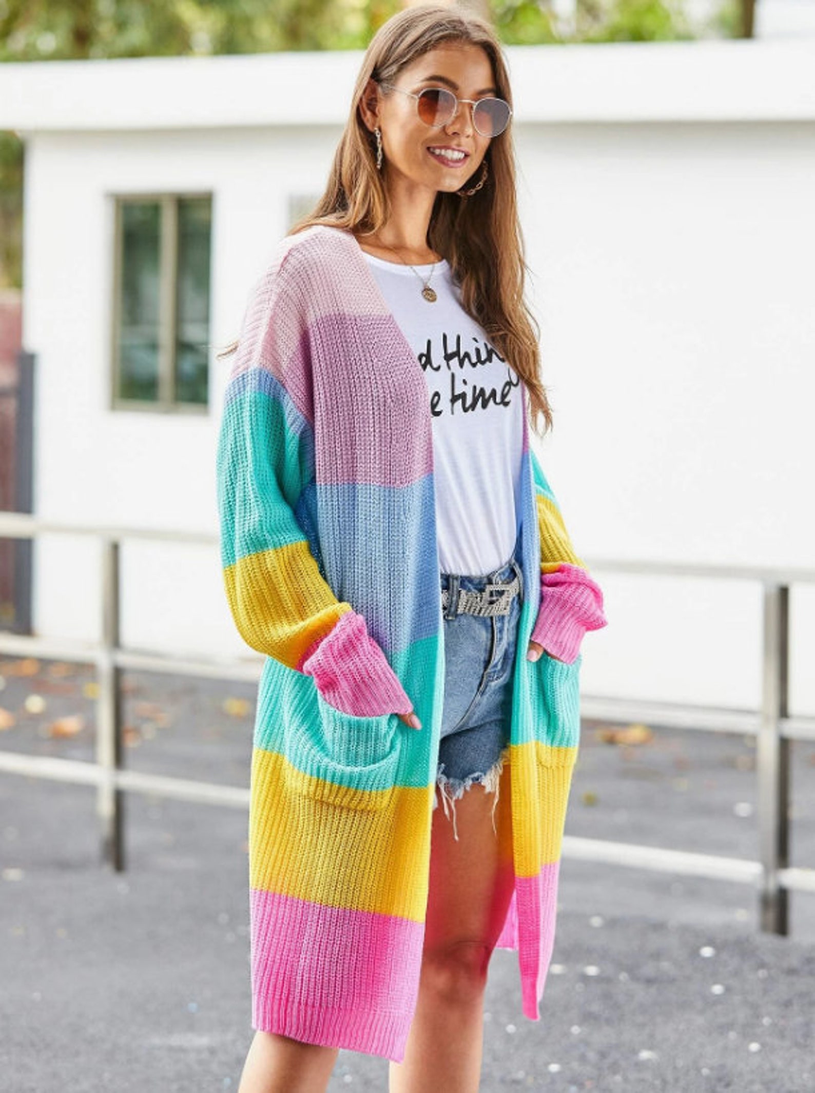 Rainbow Cardigan Loose Cardigan Sweater Knitted Sweater Etsy