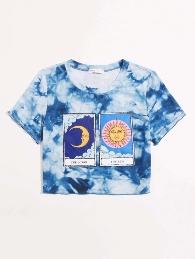 Sun and Moon Cami Tee Aesthetic Short Sleeve Sun and Moon Tie Dye Crop Top Cute Crop Top Crop Top Women Blouse Y2K Crop Top Tops