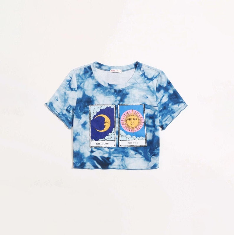Sun and Moon Cami Tee Aesthetic Short Sleeve Sun and Moon Tie Dye Crop Top Cute Crop Top Crop Top Women Blouse Y2K Crop Top Tops