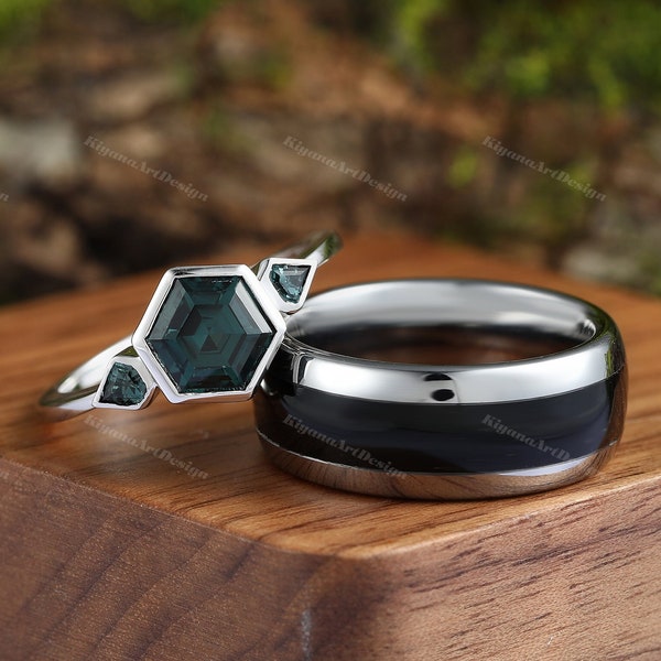 Black Onyx Ring Set Teal Sapphire Ring His and Hers Wedding Band His Silver Tungsten Ring and Her 925 Silver Ring Set Hexagon Shaped Ring