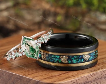 Groene mos Agaat ring set bladgoud opaal zwarte ring set zijn en haar trouwring bijpassende natuur paren ring wolfraam en Rose gouden ring