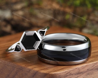 Black Onyx Ring Set His and Hers Wedding Band Couples Rings His Black Tungsten and Her Black 925 Silver Ring Set Hexagon Cut Onyx Rings