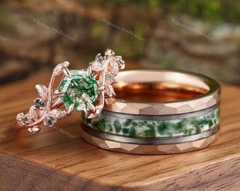 Green Natural Moss Agate Hexagon Ring Set His and Her Wedding Band 925 Silver Matching Nature Couples Ring Alternative Engagement Ring