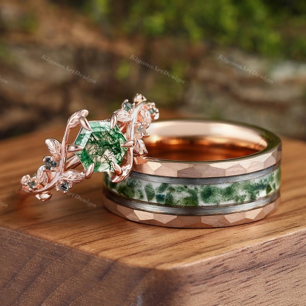 Green Natural Moss Agate Hexagon Ring Set His and Her Wedding Band 925 Silver Matching Nature Couples Ring Alternative Engagement Ring