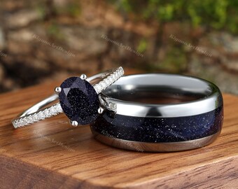 Galaxy Sandstone Couples Ring Set His and Hers Great Rift Nebula Wedding Band Sterling Silver Tungsten Unique Matching Couples Promise Ring