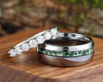 Set di anelli di agata di muschio verde per lui e per lei Fede nuziale in tungsteno e argento sterling con 7 pietre Moissanite abbinati ad anelli di agata di muschio con promessa