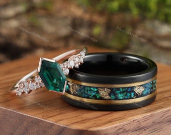 Zeshoek Emerald Fire Opal Bladgoud Ring Set Zijn en haar trouwring Gouden Ring Set Matching Nature Paren Unieke Vintage Promise Ring