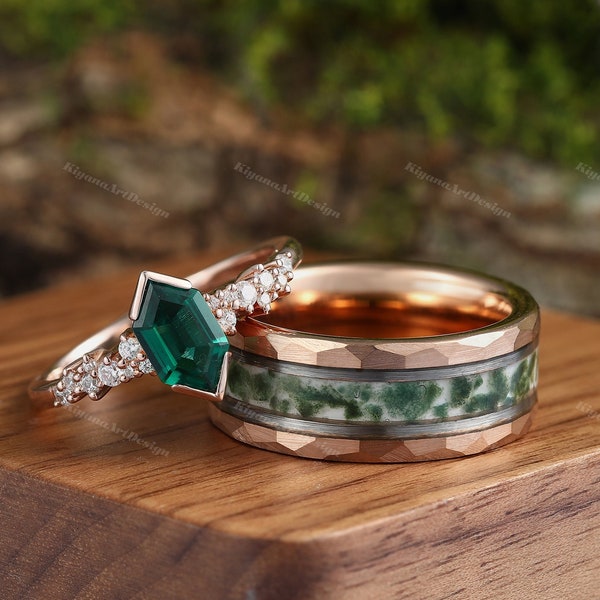 Emerald Moissanite & Moss Agate Couples Ring His and Hers Wedding Band Gold Ring Set Matching Nature Couples Unique Vintage Promise Ring