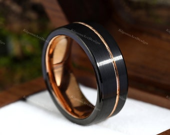 8mm Zwei Ton Trendy Ring Schwarz Gebürstet Ring für Männer Rose Gold Streifen Band Gebürstet Hartmetall Ring Herren Ehering Comfort Fit Ring
