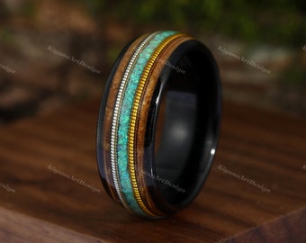 Green Opal Ring Guitar String Two tone ring Whiskey Barrel Mens Wedding Band Tungsten Wood Inlay Promise Ring For Him Men Ring Gift for Him