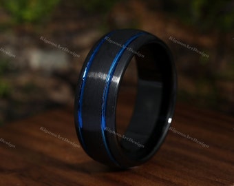 8mm Wolfram Ring Blau Schwarz Band Blue Line 8mm Damen & Herren Ring Wolfram Ring Ehering Gebürstet Versprechen Ring Simple Style Ringe