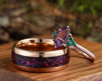 Amethist & Galaxy zandsteen paren ring set zijn en haar trouwring Rose goud bijpassende natuur paren belofte ring februari Birthstone