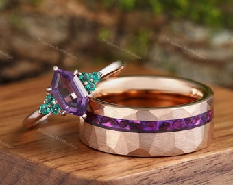 Skye Natürliche Amethyst Paare Ring Set Seine und Sie Ehering Rose Gold Passende Natur Paare Versprechen Ring Februar Birthstone Ringe