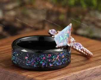Vintage Kite Cut Pink White Opal Ring Crab Nebula Ring Set His and Her Tungsten Wedding Band Silver Ring Set Alexandrite Outer Space Ring