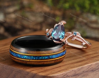 Guitar String & Whiskey Barrel Blue Opal Mens Wedding Band Alexandrite Enagagement Anniversary Ring Set Wooden Inlay Promise Wedding Gift