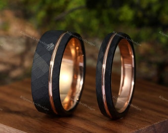 Couple Ring Set 8mm/4mm Hammered Obsidian Rose Gold Tungsten Wedding Ring Set His and Hers Black Hammered wedding band set bridal sets