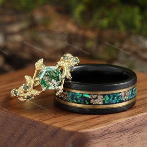 Grüner Moosachat-Feueropal-Blattgold-Ring-Set Ehering-Goldring-Set für Sie und Ihn, passender Natur-Paar, einzigartiger Vintage-Versprechensring Bild 1